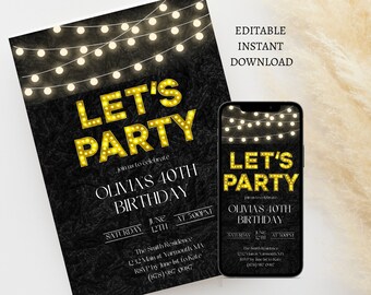 Marquee Lights Let’s Party E-Invite, Electronic Invitation Template, Any Event Text Message Invitation, Digital Invite, Mobile Phone Evite