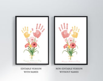 Manualidades para el Día de la Madre para niños, regalo preescolar para mamá, ramo de flores con huellas de manos, tarjeta para niños pequeños, descarga digital rápida.