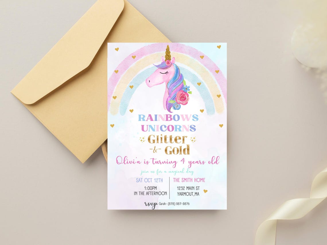 Unicorn Rainbow Birthday Invitation Unicorns Rainbows Sparkles and Gold ...