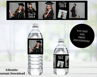 Photo Graduation Water Bottle Labels - Class of 2023 Graduate Image Water Wrappers - Grad Party Decoration - EDITABLE graduation labels