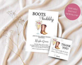 Boots And Bubbly Bridal Shower Invitations, Editable Template, Western Bridal Shower, Edit & Print, Boots And Bubbly Invitation, Wildflowers