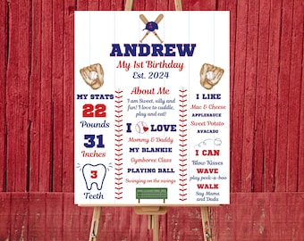 Póster de primer cumpleaños de béisbol. Póster de hito de cumpleaños de béisbol. Descarga instantánea de archivo editable.