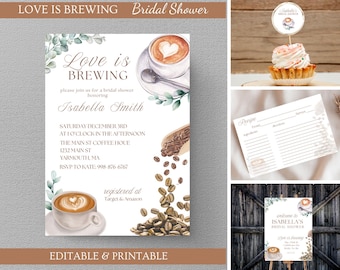 Coffee Bridal Shower Bundle - Love is Brewing Bridal Shower Invitation + Games Bundle - Editable Digital Download, Coffee Bridal Shower,