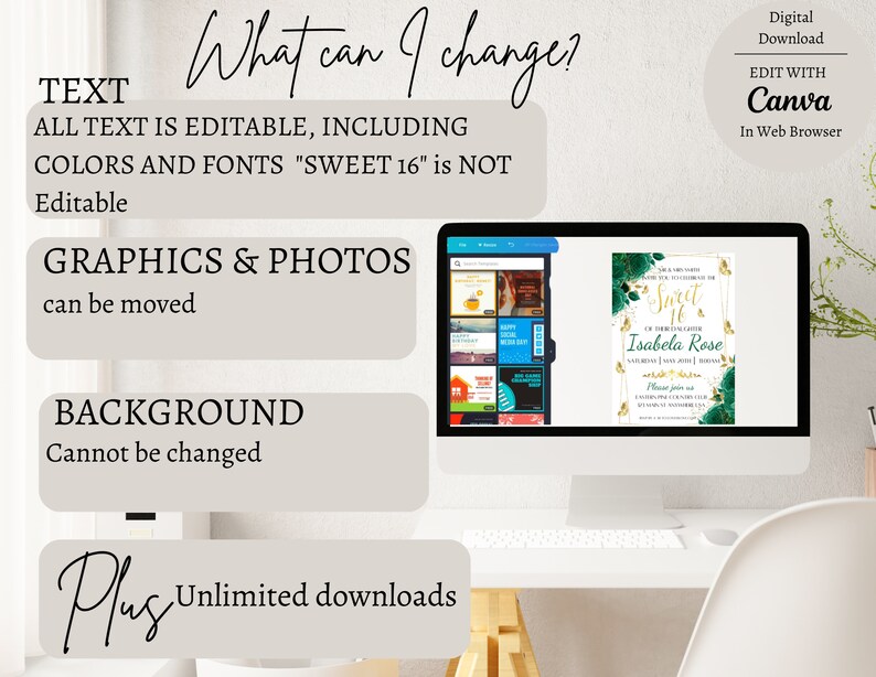 May include: A computer screen displaying a digital invitation template with a green and gold floral design. The text on the invitation reads "Sweet 16" and "Isabela Rose". The text "What can I change?" is displayed above the computer screen. The text below the computer screen reads "Plus Unlimited Downloads".