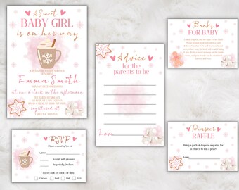 Girl Winter Baby Shower Invitation and Game Bundle, Winter Girl Baby Shower Invite, Hot Chocolate, Gingerbread,  Instant Download, Editable