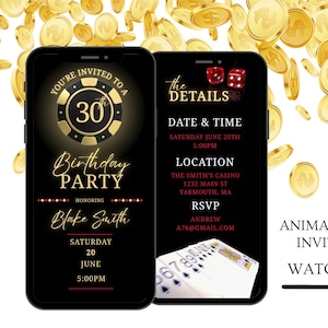 Invito video per compleanno al casinò, invito animato per serata di poker con carte da gioco, invito con itinerario digitale modificabile per cellulare, 30° compleanno