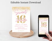 Digital Sweet Sixteen Birthday Electronic Invitation, 16th Editable Invite, Text Message Evite, Custom Mobile Invitation, Digital Template