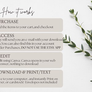 May include: A graphic with text explaining how to purchase, access, edit, and download digital items. The text is in a serif font on a light beige background. Green leaves are in the upper right corner.