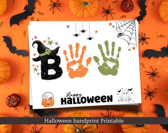 May include: A Halloween-themed printable featuring the word "BOO" made of handprints in orange and green. The design includes a witch hat, spiders, a spiderweb, and the text "Happy Halloween".