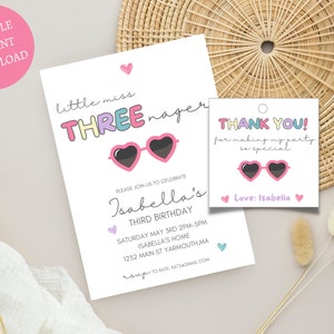 Little Miss Threenager 3rd Birthday Invitation | Funny Third Birthday Invitation | Birthday Party Invitation for Third Birthday Girl