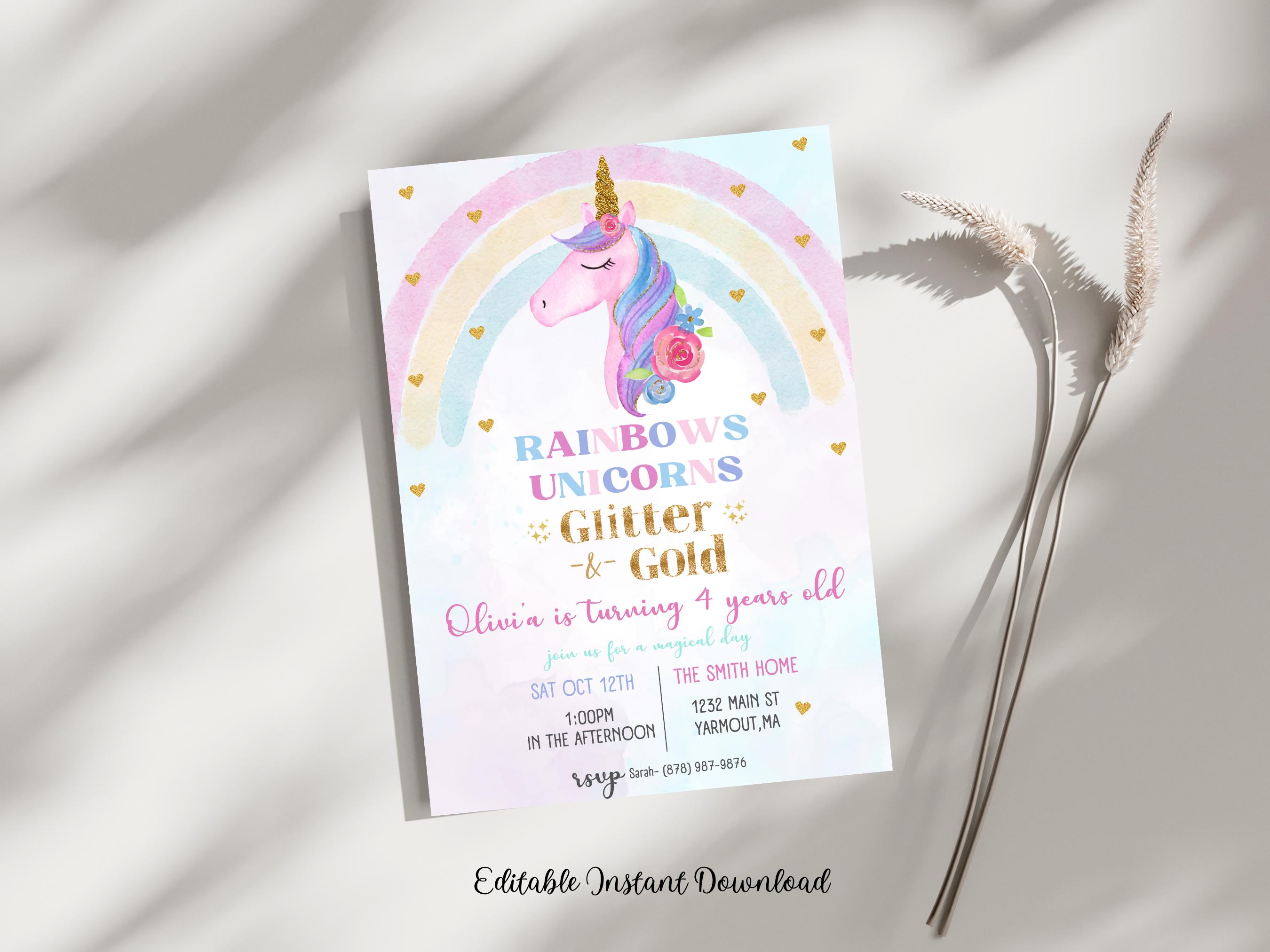 Unicorn Rainbow Birthday Invitation Unicorns Rainbows Sparkles and Gold ...