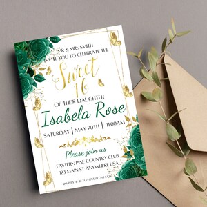 May include: A white invitation card with gold and green accents. The card features a floral design with butterflies and the text "Sweet 16" for a birthday party. The invitation is for Isabela Rose's Sweet Sixteen party on Saturday, May 20th at 1:00 AM. The event will be held at Eastern Pine Country Club, 123 Main St, Anywhere, USA. RSVP by 4/30 to lovelove.com.