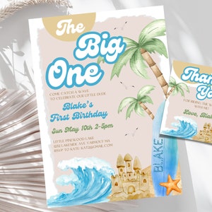 Editable Boy The Big One Surfing 1st Birthday Party Invitation Retro Boy Surf Van Surfboard Beach Party Invite Instant Download