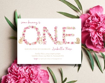 Some Bunny is One Invitation, Daisy Some Bunny is Turning One Invite, Bunny Birthday Party Invitation, 1st Birthday Girl, Bunny and Daisies