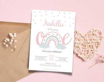Modern Rainbow First Birthday Invitation | Editable Rainbow Invite|Printable Rainbow Birthday|Girls Birthday Invitation Template |Boho