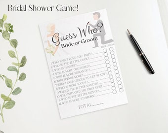 May include: A printable bridal shower game with a white background and black text. The game is called "Guess Who? Bride or Groom". The game has 12 questions about the bride and groom, with two columns for players to circle their answers. The game is designed to be played at a bridal shower.