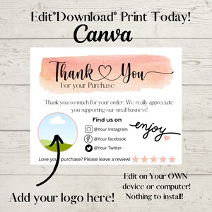 Op de afbeelding: Een witte kaart met de tekst "Thank You" in een scriptlettertype, met een aquarel achtergrond. De kaart bevat social media iconen en de tekst "Add your logo here!" en "Edit on Your OWN device or computer!"