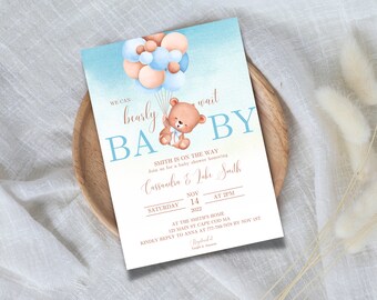 Editable Teddy Bear Hot Air Balloon Bear Theme Baby Shower Invitation We Can Bearly Wait Invites Template Instant Download, baby boy shower