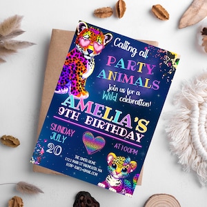 Puede incluir: Una invitaci&oacute;n de fiesta de cumplea&ntilde;os azul y morada con texto rosa ne&oacute;n y amarillo que dice "Calling all Party Animals join us for a Wild celebration! Amelia's 9th Birthday". La invitaci&oacute;n presenta un leopardo de dibujos animados con gafas de sol rosas y un guepardo arco&iacute;ris con un lazo rosa.
