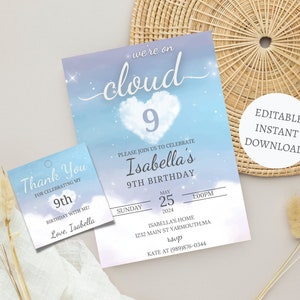 Pastel Rainbow Cloud Birthday Invitation Printable Girl&#39;s Sky and Clouds 9th Birthday Party Invite Editable Download Template, 9th birthday