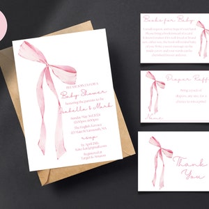 EDITABLE Pink Bow Invitation for Baby Shower, Minimalist Baby Shower Pink Watercolor Ribbon Blush Pink 1st Birthday Digital Template