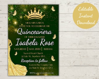 Könnte beinhalten: Eine grüne und goldene Quinceañera-Einladung mit einer Silhouette einer Frau in einem Kleid, einer Krone und Schmetterlingen. Der Text lautet "MR & MRS GARCIA INVITE YOU TO CELEBRATE THE Quinceanera OF THEIR DAUGHTER Isabela Rose SATURDAY | MAY 20TH | 11:00AM Sacred Heart Church 35 Lake St. Anywhere USA Reception to follow Eastern Pine Country Club 123 Main St. Anywhere.US RSVP by 4/30 to Loveralove.com"