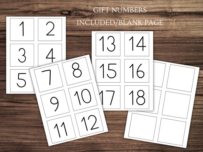 May include: Printable gift number tags with numbers 1 through 18, plus blank tags.  The tags are black and white and have a simple design.