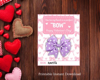 PRINTABLE Hair Bow Valentine Card / Valentine Printable for Kids / Girl Valentine / School Valentine Cards for Kids / Friends / Bow tastic