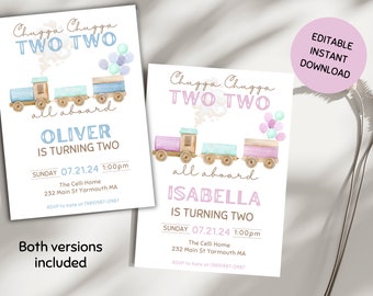 Chugga Chugga Two Two Birthday Invitation,Train Second Birthday Printable Invite, All Aboard Boys Birthday Invite, Birthday Evite, Girl bday