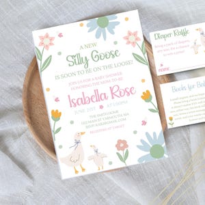 Silly Goose Baby Shower Invitation Bundle | Floral Geese Baby Shower Invite | Blue Bow | Editable Template | Instant Download