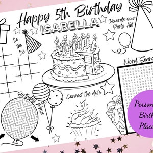 Personalized Kids Birthday Party Placemat Activity Sheet,Birthday Favor Printable for Kids Party, Kids activity sheet, Kids party printable