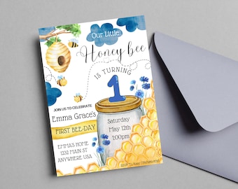 Paquete de invitación editable del primer día de la abeja, primer paquete de cumpleaños de la abeja de la miel, descarga instantánea, cumpleañera, hito, primer cumpleaños de la abeja,
