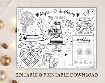 May include: A printable wedding activity sheet with a black and white design. The sheet includes a word search, a maze, a hashtag, a wedding cake, a bouquet of flowers, a car with a "Just Married" sign, and a camera. The text on the sheet reads "Alyssa & Anthony" and "May 5th 2023".