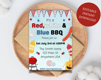 4th of July invitation, BBQ Invite, Printable invitation template, 4th of July party invite, 4th of July BBQ, Cookout invite, 4th of July