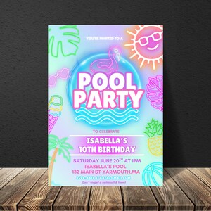 Editable pool party invitation, Glow neon invite, Tropical tie dye birthday pool party invitation swimming party instant download,neon party