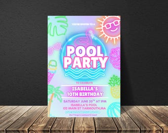 Editable pool party invitation, Glow neon invite, Tropical tie dye birthday pool party invitation swimming party instant download,neon party