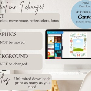 K&ouml;nnte beinhalten: Ein Computerbildschirm zeigt eine digitale Weihnachtskartenvorlage in Canva. Die Vorlage zeigt einen Kranz mit einem Fotorahmen in der Mitte, umgeben von festlichen Illustrationen. Der Text "Merry Christmas 2023" ist oben auf der Karte angezeigt. Der Text "What can I change?" ist &uuml;ber dem Computerbildschirm angezeigt, zusammen mit einer Liste von bearbeitbaren Elementen, darunter Text, Grafiken und Hintergrund. Der Text "SELF-EDIT WITH Canva" ist in einem blauen Kreis &uuml;ber dem Computerbildschirm angezeigt.