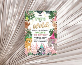 Editable Birthday Invitation Girl Born Two Be Wild Party Animals Invite Safari Zoo Birthday Download Printable Template Digital, 2nd bday