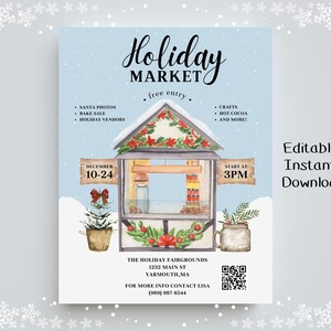 Puede incluir: Una ilustración de acuarela de un mercado navideño con un puesto de madera festivo decorado con guirnaldas rojas y verdes. El texto dice "Mercado navideño, entrada gratuita, diciembre 10-24, Comienza a las 3 PM, El recinto ferial navideño, 1232 Main St, Yarmouth, MA, Para más información contacta con Lisa (989) 987-8544".