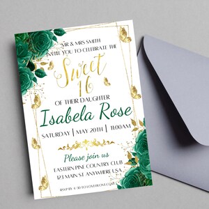 May include: A white invitation with gold and green floral accents. The invitation reads "Mr. & Mrs. Smith invite you to celebrate the Sweet 16 of their daughter Isabela Rose. Saturday | May 20th | 11:00 AM. Please join us Eastern Pine Country Club 123 Main St Anywhere USA RSVP by 4/30 to lovelove.com"