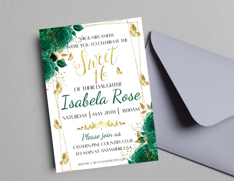 May include: A white invitation with gold and green floral accents. The invitation reads "Mr. & Mrs. Smith invite you to celebrate the Sweet 16 of their daughter Isabela Rose. Saturday | May 20th | 11:00 AM. Please join us Eastern Pine Country Club 123 Main St Anywhere USA RSVP by 4/30 to lovelove.com"