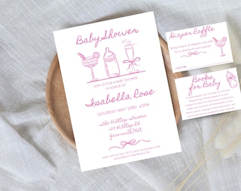 Mall för babyshowerinbjudan, handritad cocktail och nappflaska för babyshower, nyckfull handskriven, redigerbar inbjudan, bebis