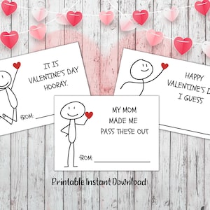Tarjetas divertidas del día de San Valentín para niños, San Valentín en el aula imprimible, San Valentín digital, San Valentín escolar, San Valentín para niños, Humor de figura de palo