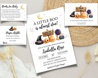 May include: A Halloween-themed baby shower invitation with a cute illustration of a witch's hat, pumpkins, and a cauldron. The invitation reads "A Little Boo is almost due!" and includes the baby's name, Isabella Rose, and the date and time of the shower.