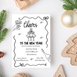 New Years Eve Party Invitation Hand Drawn, Whimsical New Year Party Invite, Disco Ball, Champagne Tower, Editable Template, NYE Party invite image 1