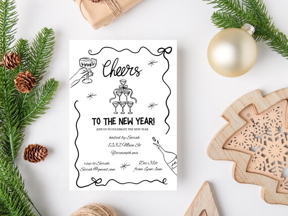New Years Eve Party Invitation Hand Drawn, Whimsical New Year Party Invite, Disco Ball, Champagne Tower, Editable Template, NYE Party invite