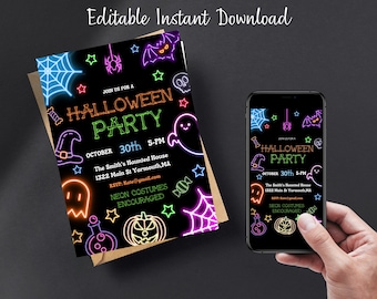 Editable Neon Halloween Costume Party Invitation, Spooky Halloween Party Invite, Printable Neon Halloween Birthday Invite, Neon Halloween
