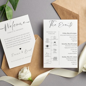 Modern Welcome Letter & Timeline Template, Minimalist Wedding Order of Events, Itinerary, INSTANT DOWNLOAD, Editable Text, wedding welcome