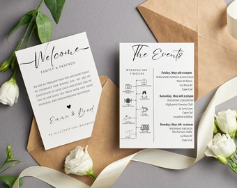 Modern Welcome Letter & Timeline Template, Minimalist Wedding Order of Events, Itinerary, INSTANT DOWNLOAD, Editable Text, wedding welcome