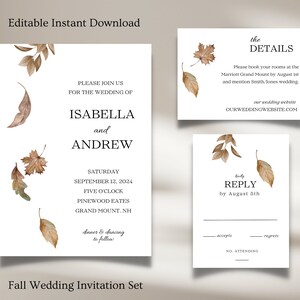 Minimalist Wedding Invitation Template Set, Fall Leaves Wedding Invitation Template Download, Editable Invitation Set Neutral, FALL Wedding